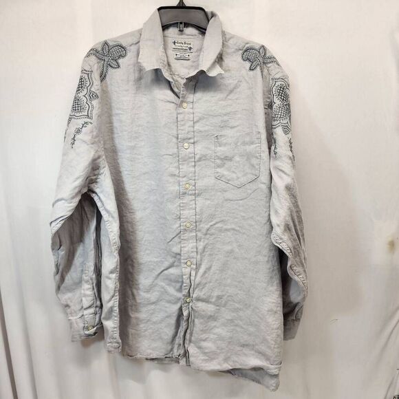Lucky Brand Linen Shirt Size XXL Embroidered Long-Sleeve Button-up Men's Grey - Picture 1 of 5
